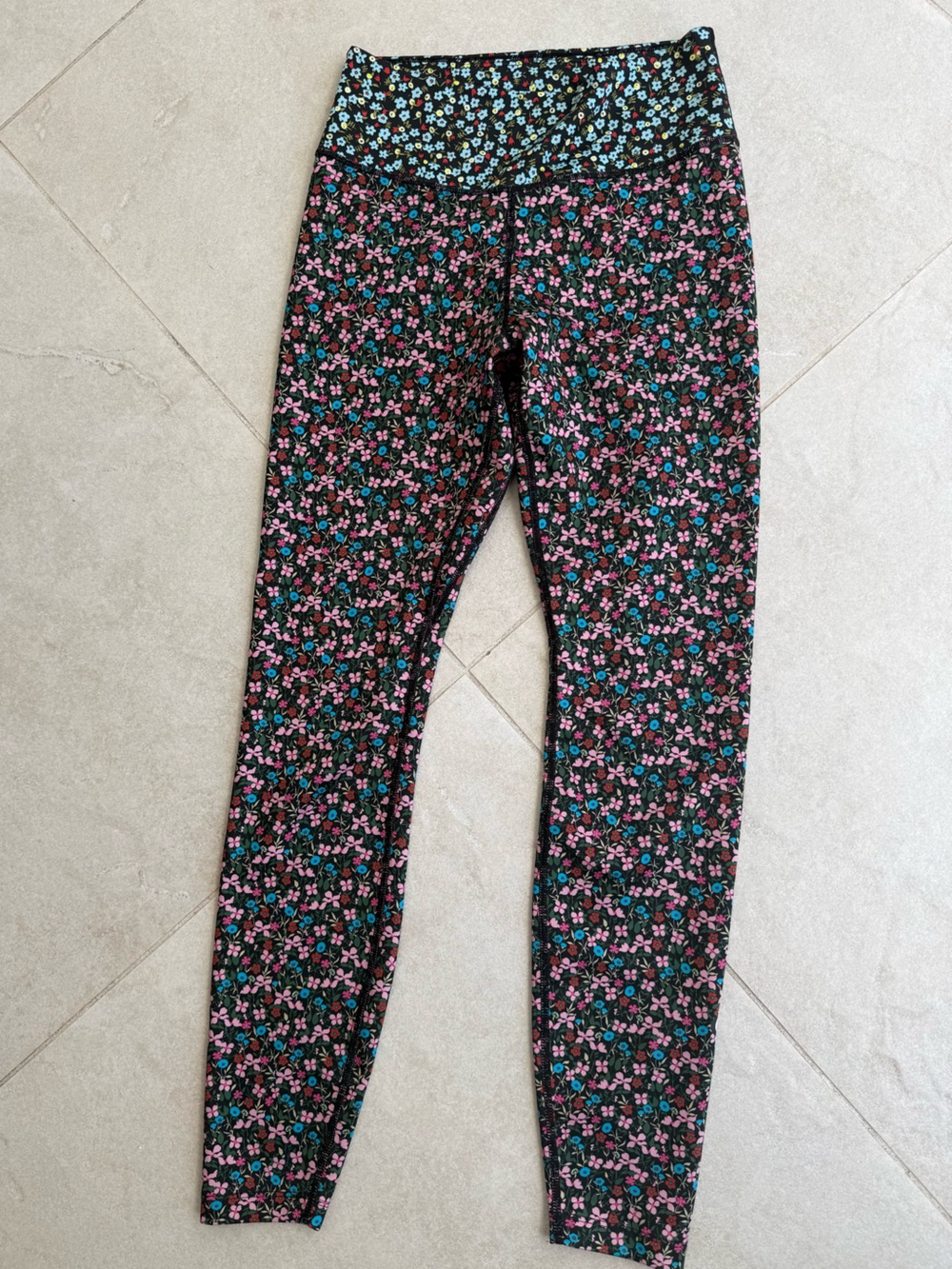 Nike Black Floral Dri-FIT Leggings with Aqua, Red & Yellow Accents
